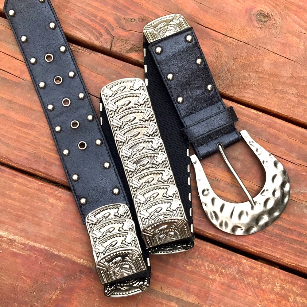 Black stretchy silver metal L/XL belt